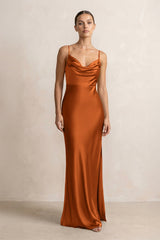 Spaghetti Strap Satin Sheath Bridesmaid Dress in Cinnamon - KISS BRIDAL Bridesmaid Dresses