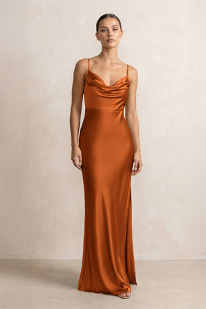 Spaghetti Strap Satin Sheath Bridesmaid Dress in Cinnamon - KISS BRIDAL Bridesmaid Dresses