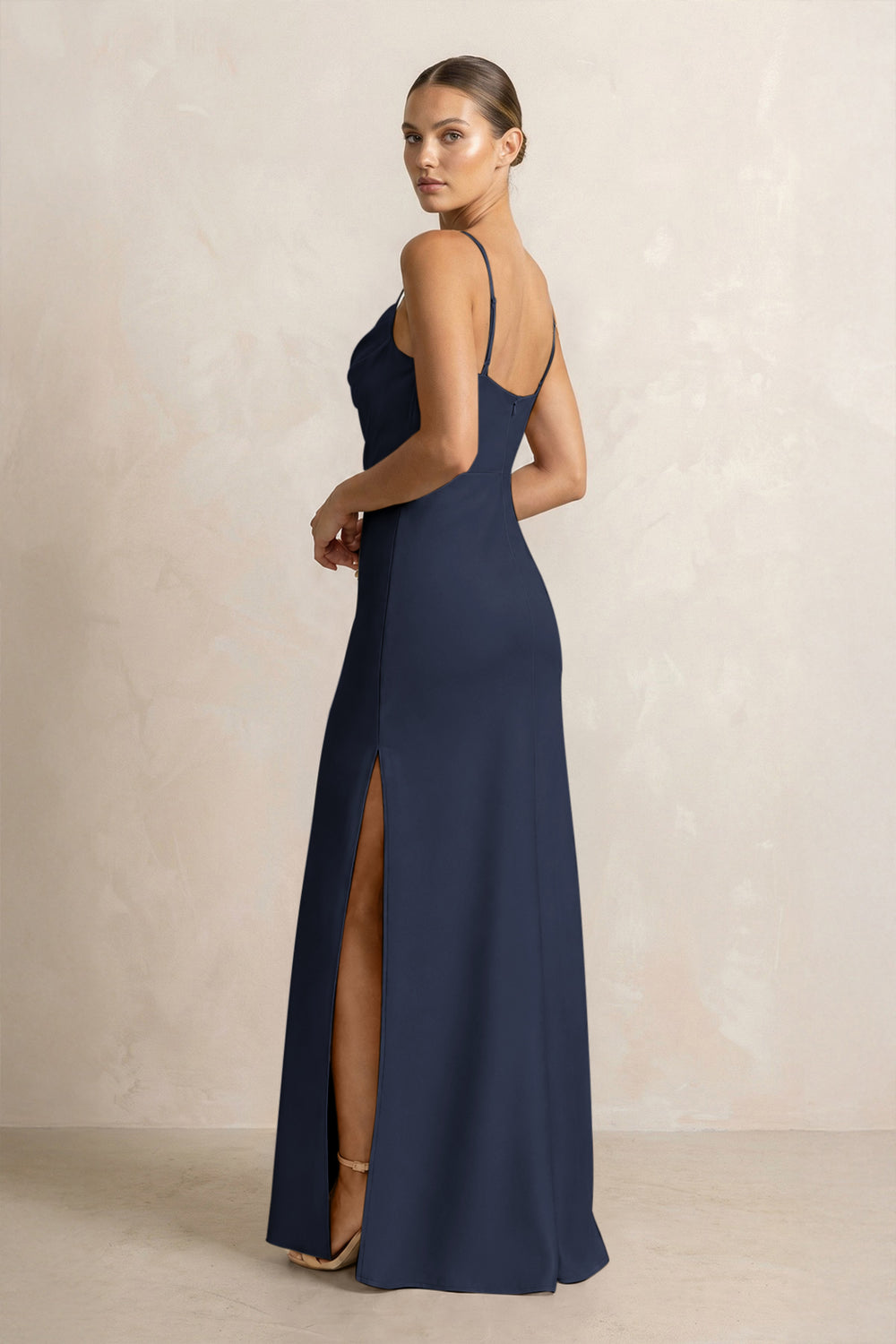 Spaghetti Strap Satin Sheath Bridesmaid Dress in Dark Navy