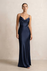 Spaghetti Strap Satin Sheath Bridesmaid Dress in Dark Navy - KISS BRIDAL Bridesmaid Dresses