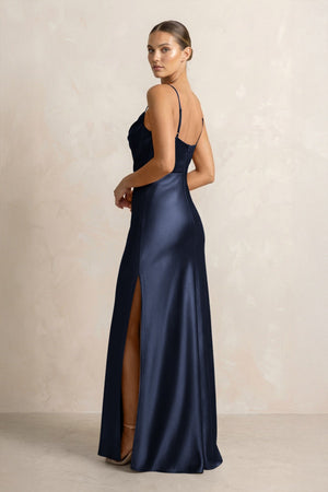 Spaghetti Strap Satin Sheath Bridesmaid Dress in Dark Navy - KISS BRIDAL Bridesmaid Dresses