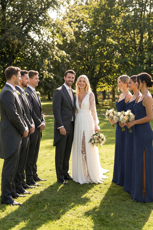 Spaghetti Strap Satin Sheath Bridesmaid Dress in Dark Navy | KISSBRIDAL