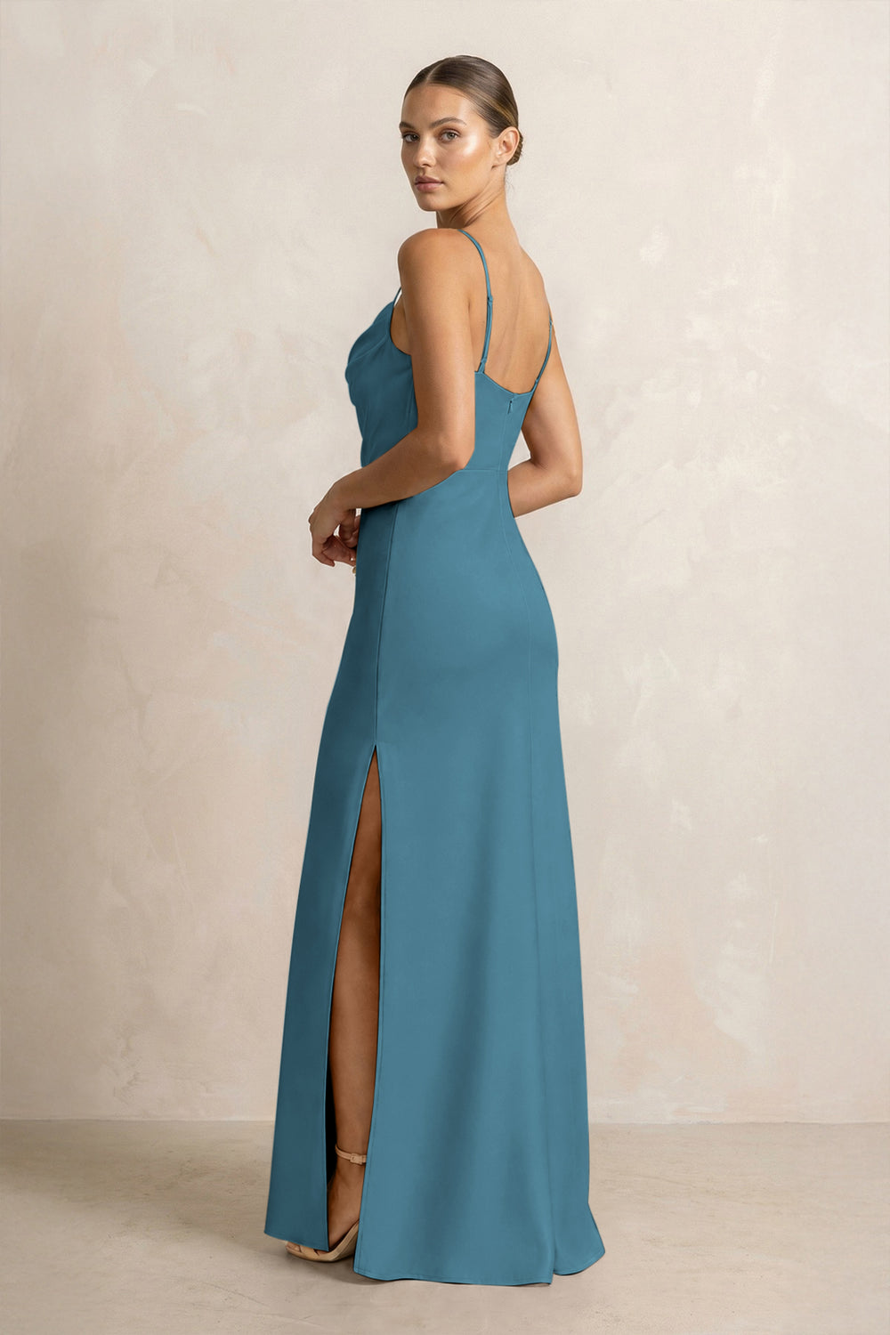Spaghetti Strap Satin Sheath Bridesmaid Dress in Dark Teal