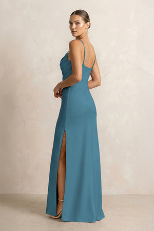 Spaghetti Strap Satin Sheath Bridesmaid Dress in Dark Teal (2) | KISSBRIDAL