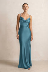 Spaghetti Strap Satin Sheath Bridesmaid Dress in Dark Teal - KISS BRIDAL Bridesmaid Dresses