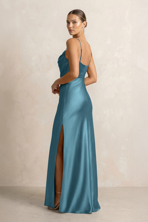 Spaghetti Strap Satin Sheath Bridesmaid Dress in Dark Teal - KISS BRIDAL Bridesmaid Dresses