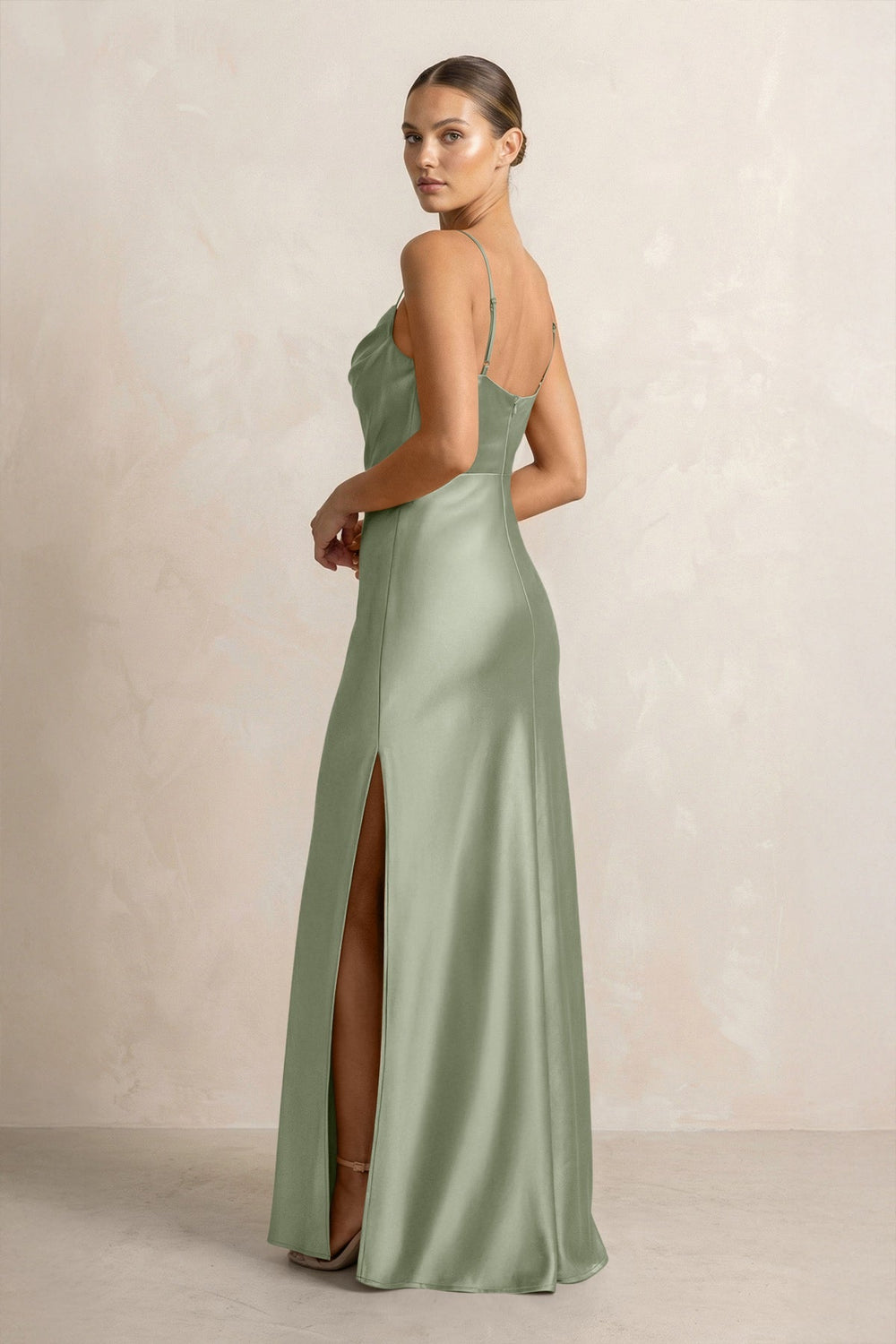Spaghetti Strap Satin Sheath Bridesmaid Dress in Dove Gray - KISS BRIDAL Bridesmaid Dresses