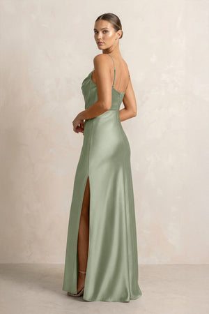 Spaghetti Strap Satin Sheath Bridesmaid Dress in Dove Gray - KISS BRIDAL Bridesmaid Dresses