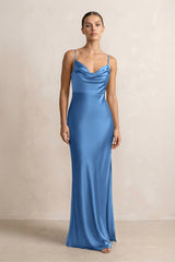 Spaghetti Strap Satin Sheath Bridesmaid Dress in Dusty Blue - KISS BRIDAL Bridesmaid Dresses
