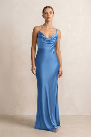 Spaghetti Strap Satin Sheath Bridesmaid Dress in Dusty Blue - KISS BRIDAL Bridesmaid Dresses