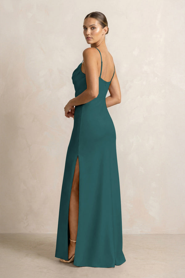 Spaghetti Strap Satin Sheath Bridesmaid Dress in Emerald (2) | KISSBRIDAL