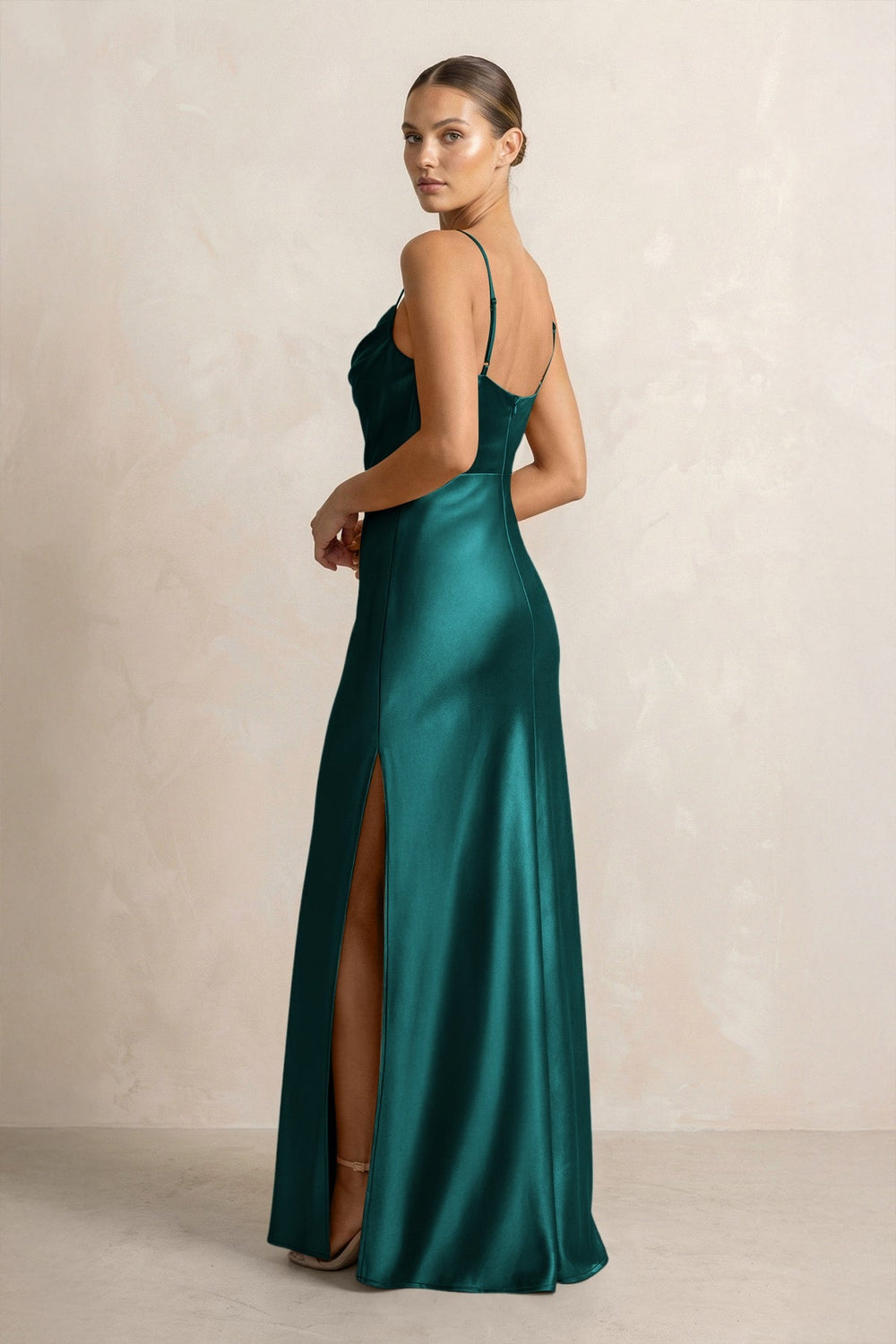 Spaghetti Strap Satin Sheath Bridesmaid Dress in Emerald - KISS BRIDAL Bridesmaid Dresses