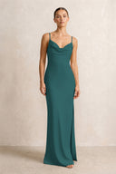 Spaghetti Strap Satin Sheath Bridesmaid Dress in Emerald | KISSBRIDAL