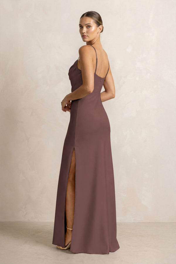 Spaghetti Strap Satin Sheath Bridesmaid Dress in Espresso (2) | KISSBRIDAL