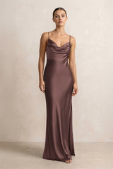 Spaghetti Strap Satin Sheath Bridesmaid Dress in Espresso - KISS BRIDAL Bridesmaid Dresses
