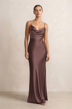 Spaghetti Strap Satin Sheath Bridesmaid Dress in Espresso - KISS BRIDAL Bridesmaid Dresses