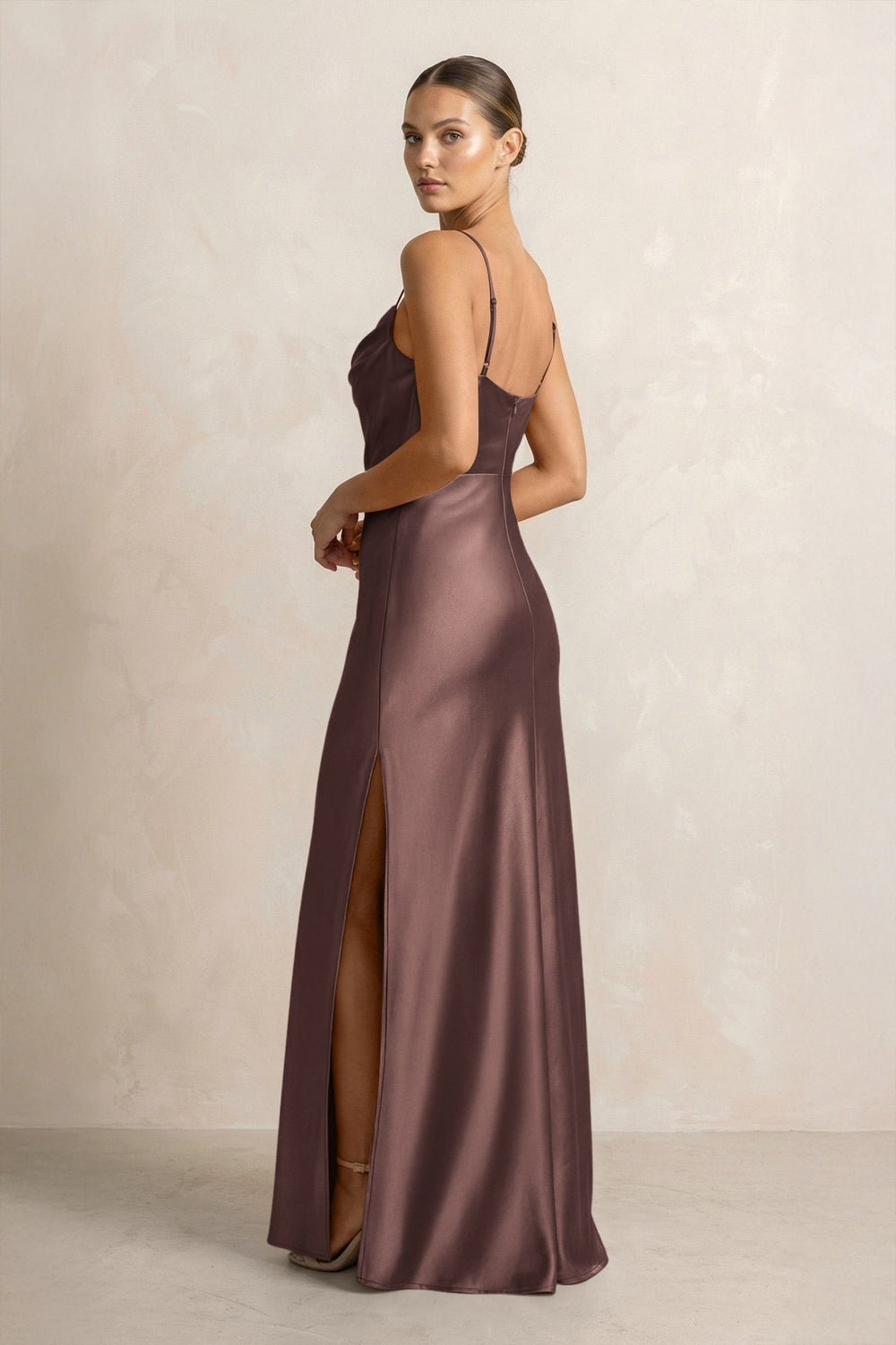 Spaghetti Strap Satin Sheath Bridesmaid Dress in Espresso - KISS BRIDAL Bridesmaid Dresses