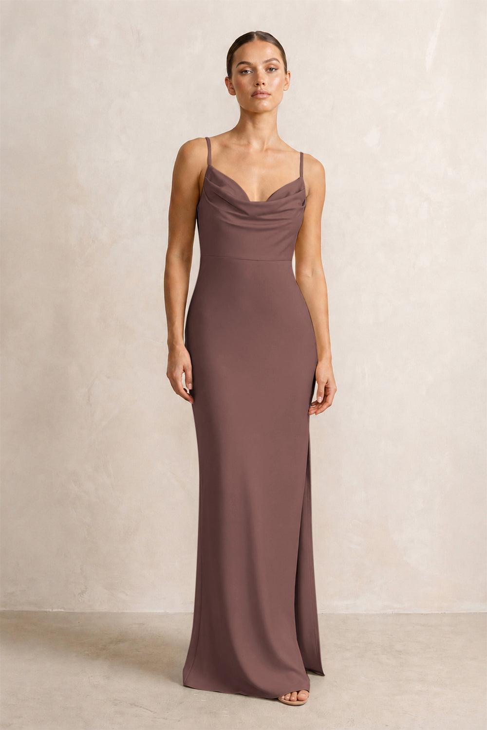 Spaghetti Strap Satin Sheath Bridesmaid Dress in Espresso