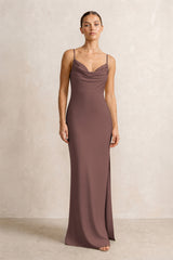 Spaghetti Strap Satin Sheath Bridesmaid Dress in Espresso | KISSBRIDAL