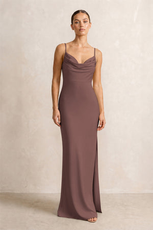 Spaghetti Strap Satin Sheath Bridesmaid Dress in Espresso | KISSBRIDAL