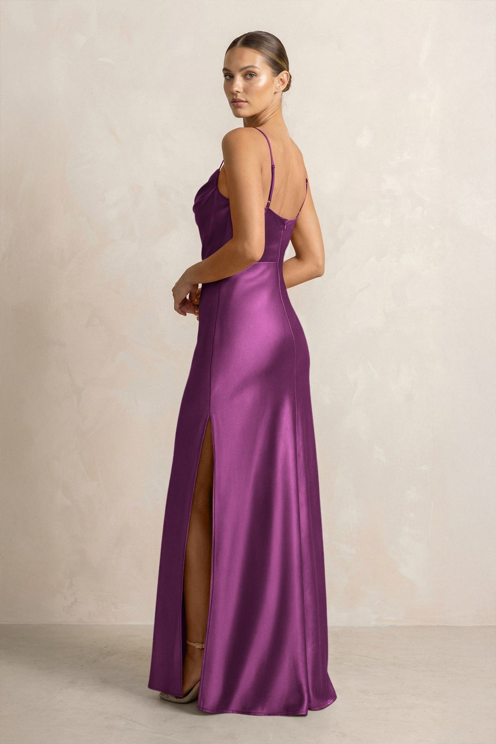 Spaghetti Strap Satin Sheath Bridesmaid Dress in Fig - KISS BRIDAL Bridesmaid Dresses