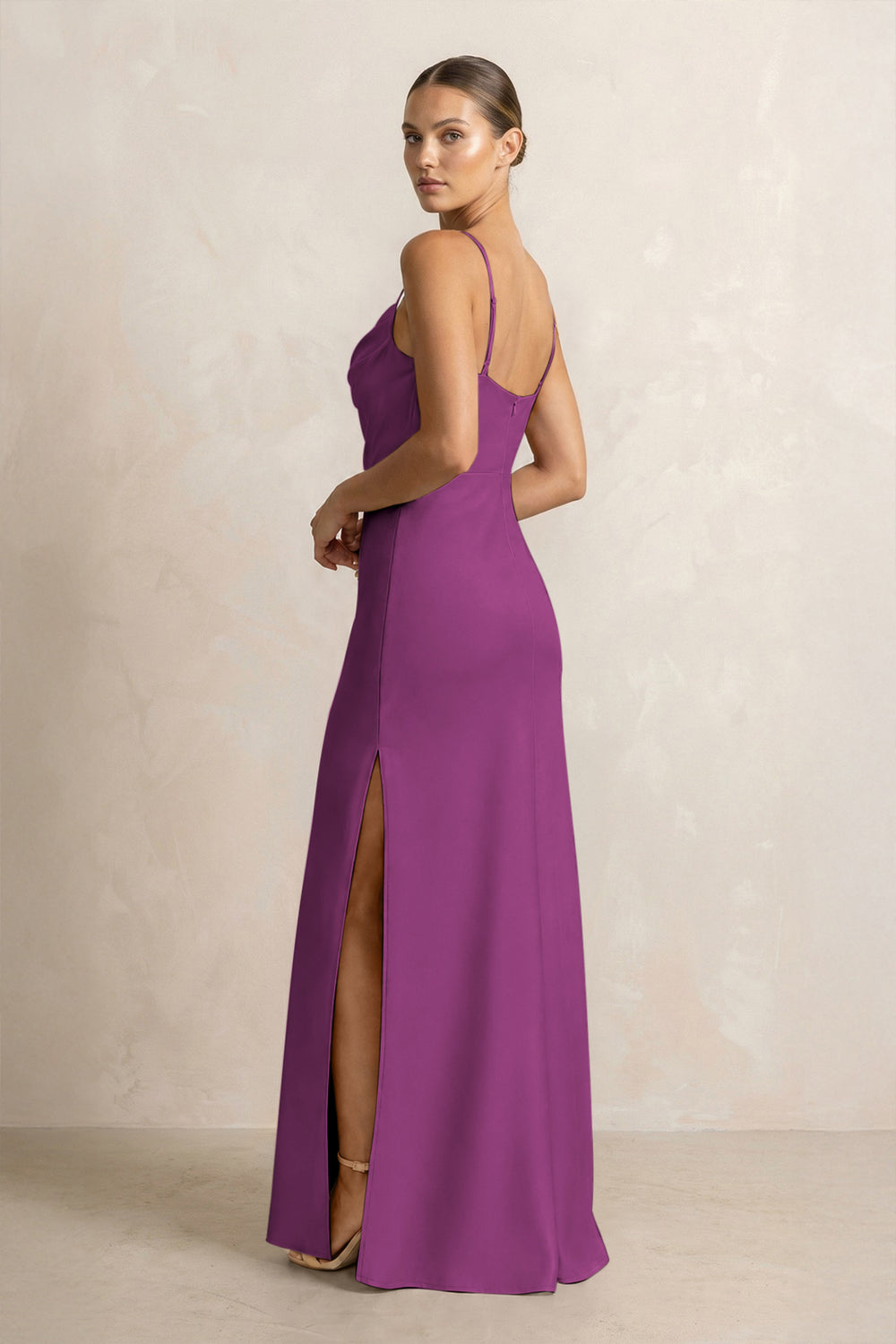 Spaghetti Strap Satin Sheath Bridesmaid Dress in Fig