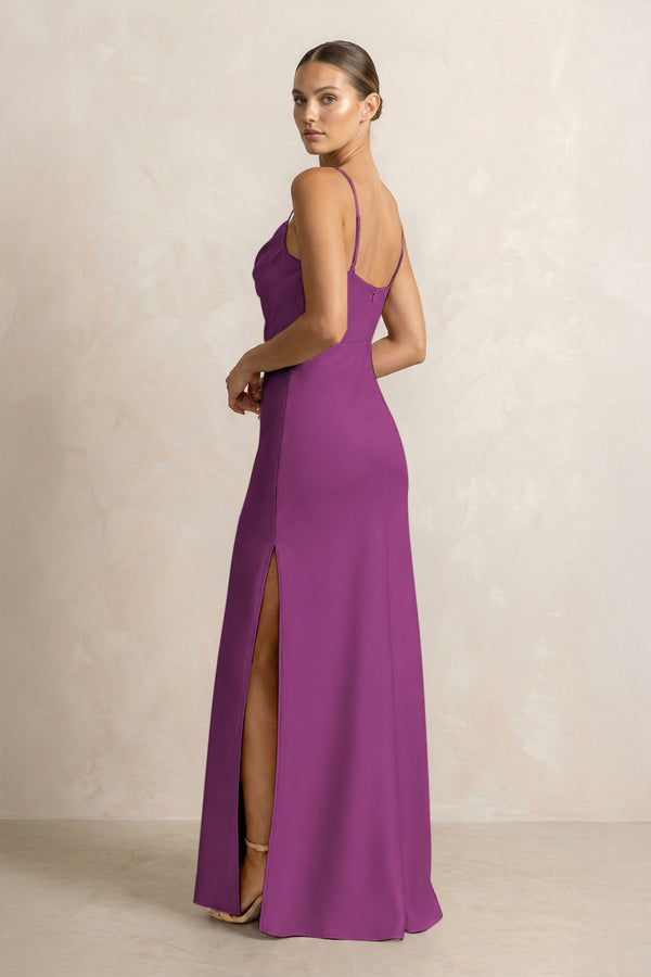 Spaghetti Strap Satin Sheath Bridesmaid Dress in Fig (2) | KISSBRIDAL