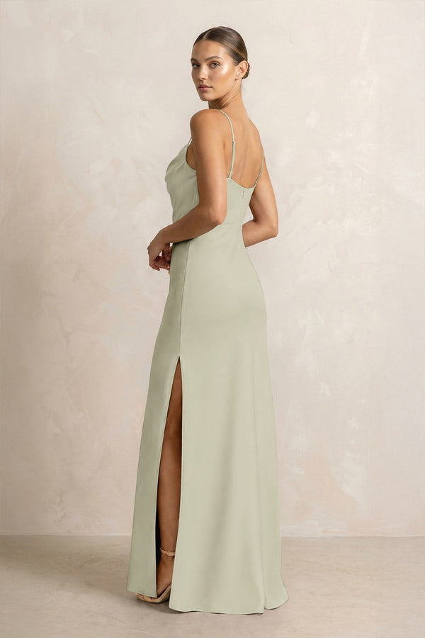 Spaghetti Strap Satin Sheath Bridesmaid Dress in Frost (2) | KISSBRIDAL