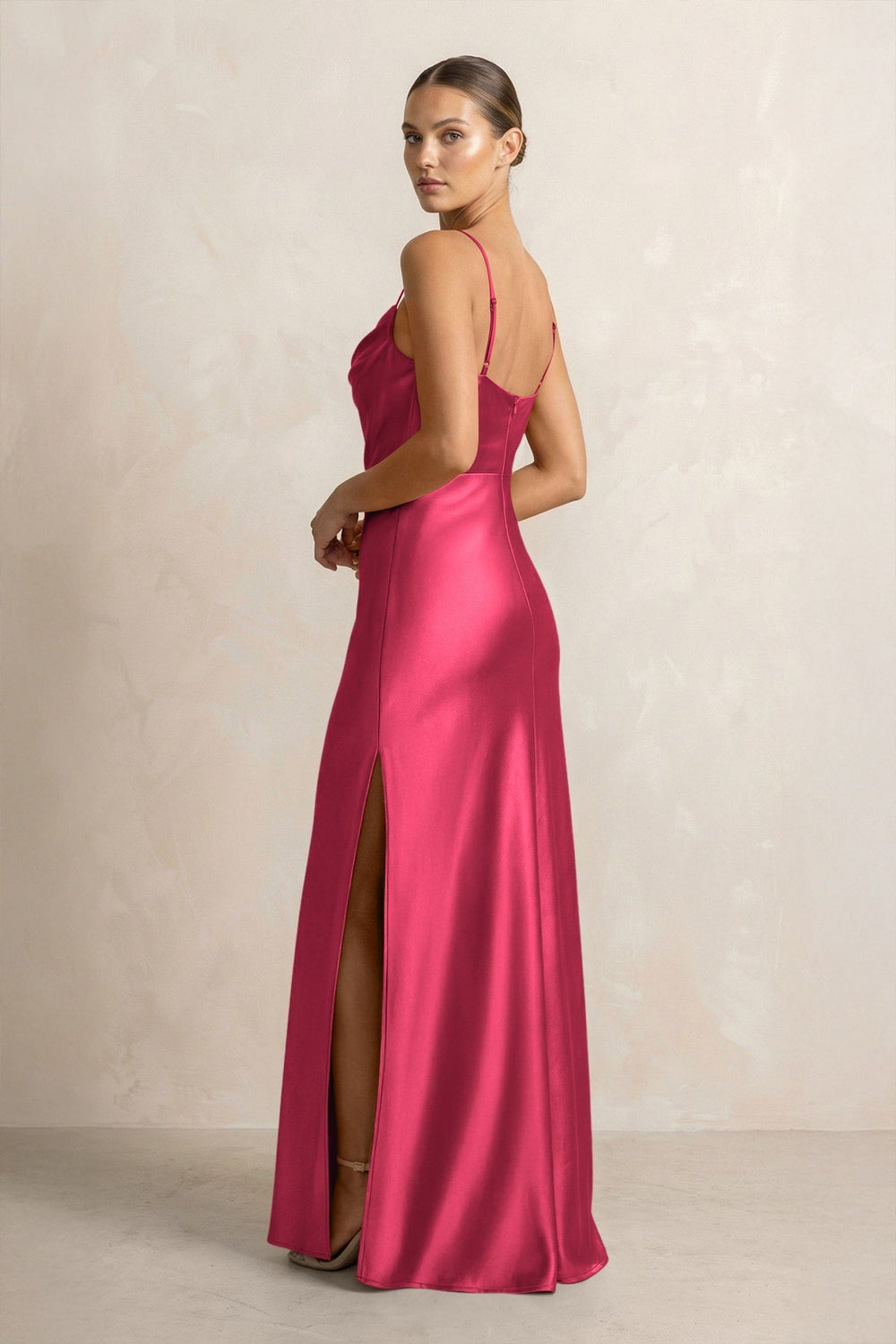 Spaghetti Strap Satin Sheath Bridesmaid Dress in Fuchsia - KISS BRIDAL Bridesmaid Dresses