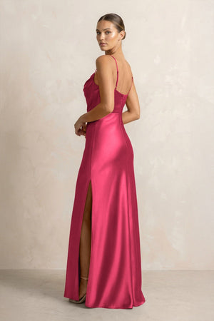 Spaghetti Strap Satin Sheath Bridesmaid Dress in Fuchsia - KISS BRIDAL Bridesmaid Dresses