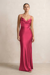 Spaghetti Strap Satin Sheath Bridesmaid Dress in Fuchsia - KISS BRIDAL Bridesmaid Dresses