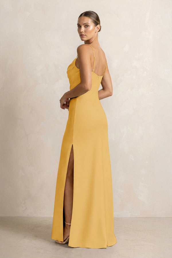 Spaghetti Strap Satin Sheath Bridesmaid Dress in Gold (2) | KISSBRIDAL