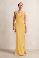Spaghetti Strap Satin Sheath Bridesmaid Dress in Gold | KISSBRIDAL