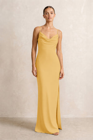 Spaghetti Strap Satin Sheath Bridesmaid Dress in Gold | KISSBRIDAL