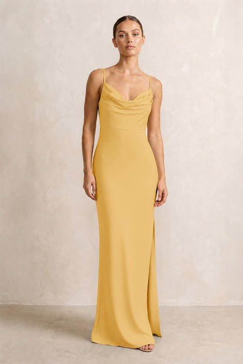 Spaghetti Strap Satin Sheath Bridesmaid Dress in Gold | KISSBRIDAL