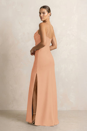 Spaghetti Strap Satin Sheath Bridesmaid Dress in Golden Champagne (2) | KISSBRIDAL