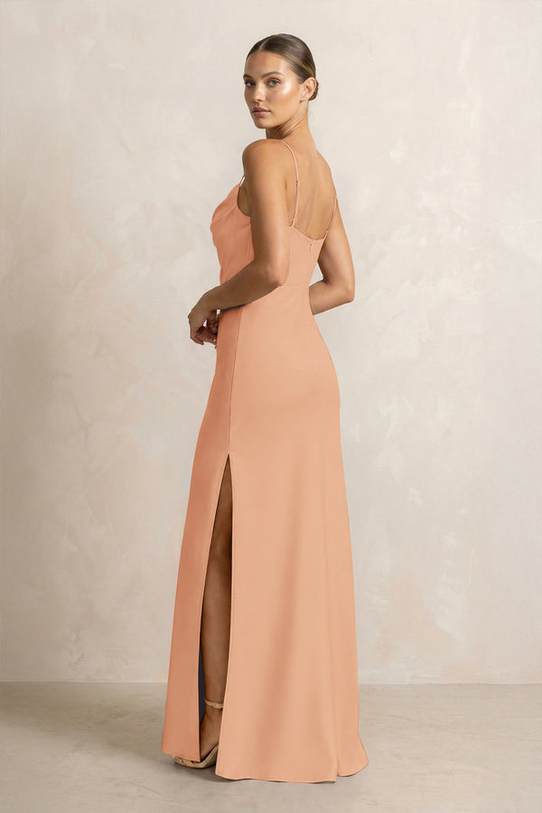 Spaghetti Strap Satin Sheath Bridesmaid Dress in Golden Champagne (2) | KISSBRIDAL