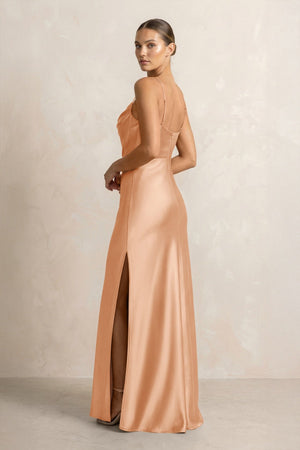 Spaghetti Strap Satin Sheath Bridesmaid Dress in Golden Champagne - KISS BRIDAL Bridesmaid Dresses