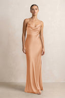 Spaghetti Strap Satin Sheath Bridesmaid Dress in Golden Champagne - KISS BRIDAL Bridesmaid Dresses