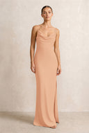 Spaghetti Strap Satin Sheath Bridesmaid Dress in Golden Champagne | KISSBRIDAL
