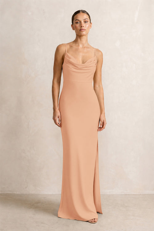 Spaghetti Strap Satin Sheath Bridesmaid Dress in Golden Champagne | KISSBRIDAL