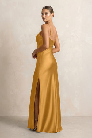 Spaghetti Strap Satin Sheath Bridesmaid Dress in Marigold - KISS BRIDAL Bridesmaid Dresses