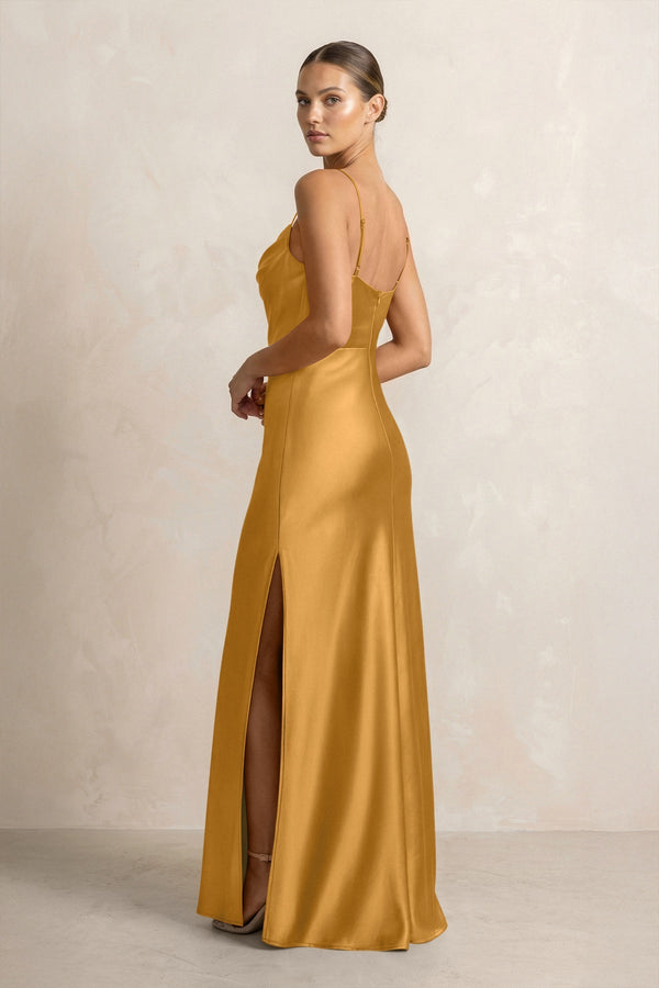 Spaghetti Strap Satin Sheath Bridesmaid Dress in Marigold - KISS BRIDAL Bridesmaid Dresses