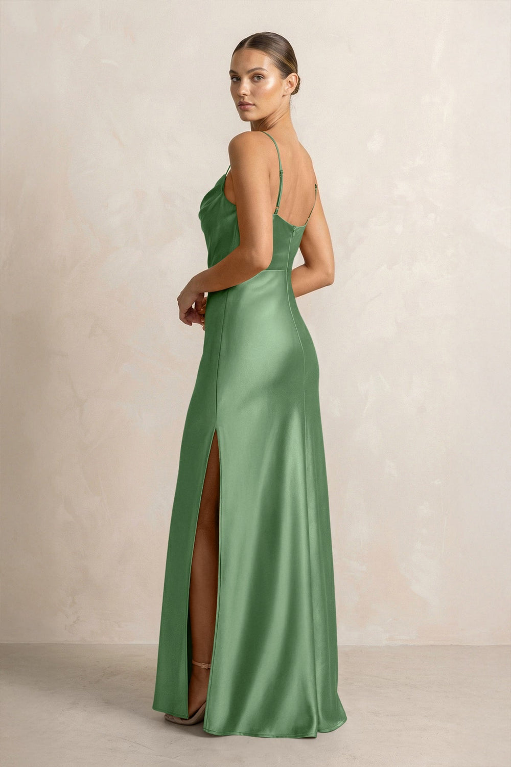 Spaghetti Strap Satin Sheath Bridesmaid Dress in Matcha - KISS BRIDAL Bridesmaid Dresses