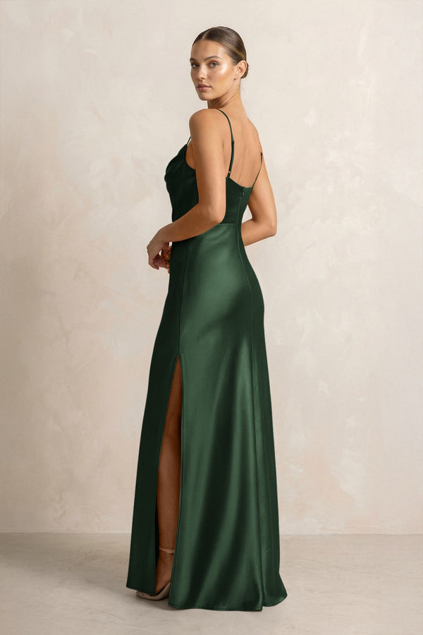 Spaghetti Strap Satin Sheath Bridesmaid Dress in Moss - KISS BRIDAL Bridesmaid Dresses