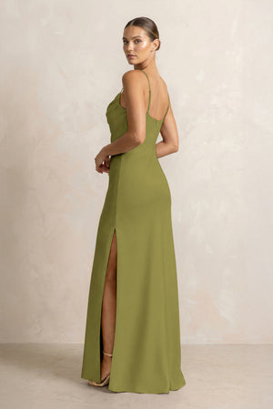 Spaghetti Strap Satin Sheath Bridesmaid Dress in Moss Green (2) | KISSBRIDAL