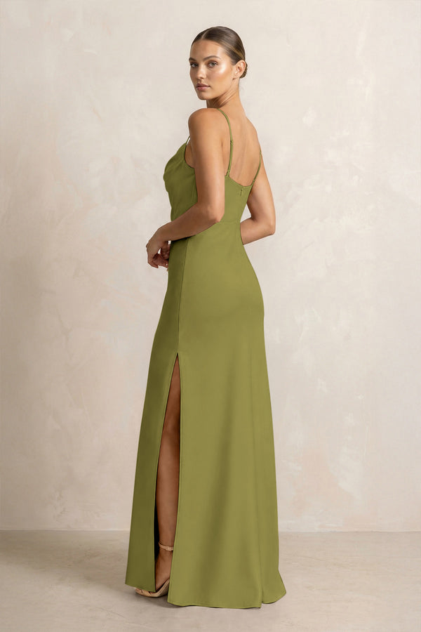 Spaghetti Strap Satin Sheath Bridesmaid Dress in Moss Green (2) | KISSBRIDAL