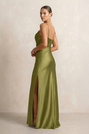 Spaghetti Strap Satin Sheath Bridesmaid Dress in Moss Green - KISS BRIDAL Bridesmaid Dresses