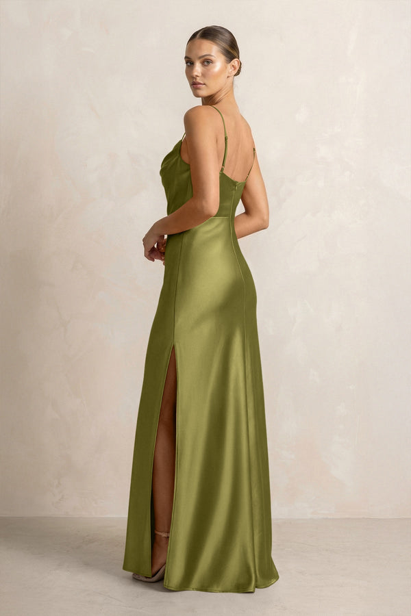 Spaghetti Strap Satin Sheath Bridesmaid Dress in Moss Green - KISS BRIDAL Bridesmaid Dresses