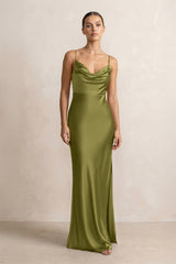 Spaghetti Strap Satin Sheath Bridesmaid Dress in Moss Green - KISS BRIDAL Bridesmaid Dresses